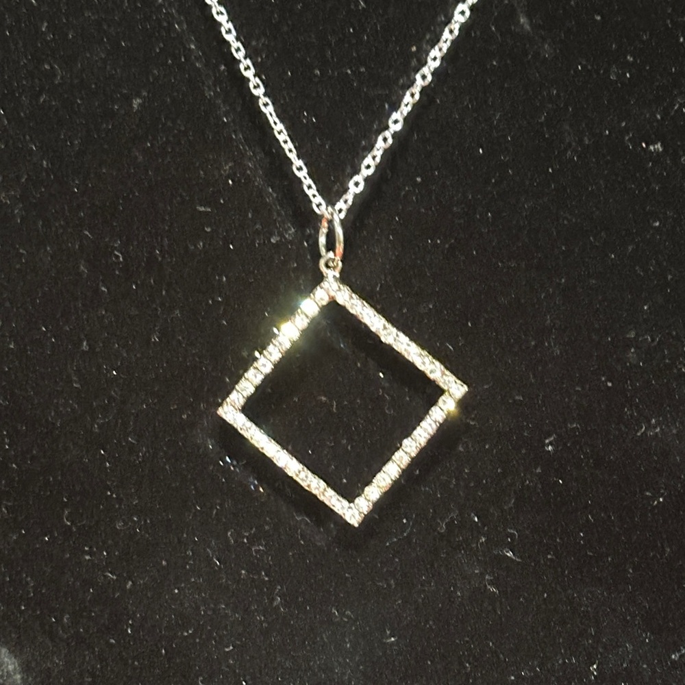 Elegant Silver & Rhinestone Square Pendant Necklace.